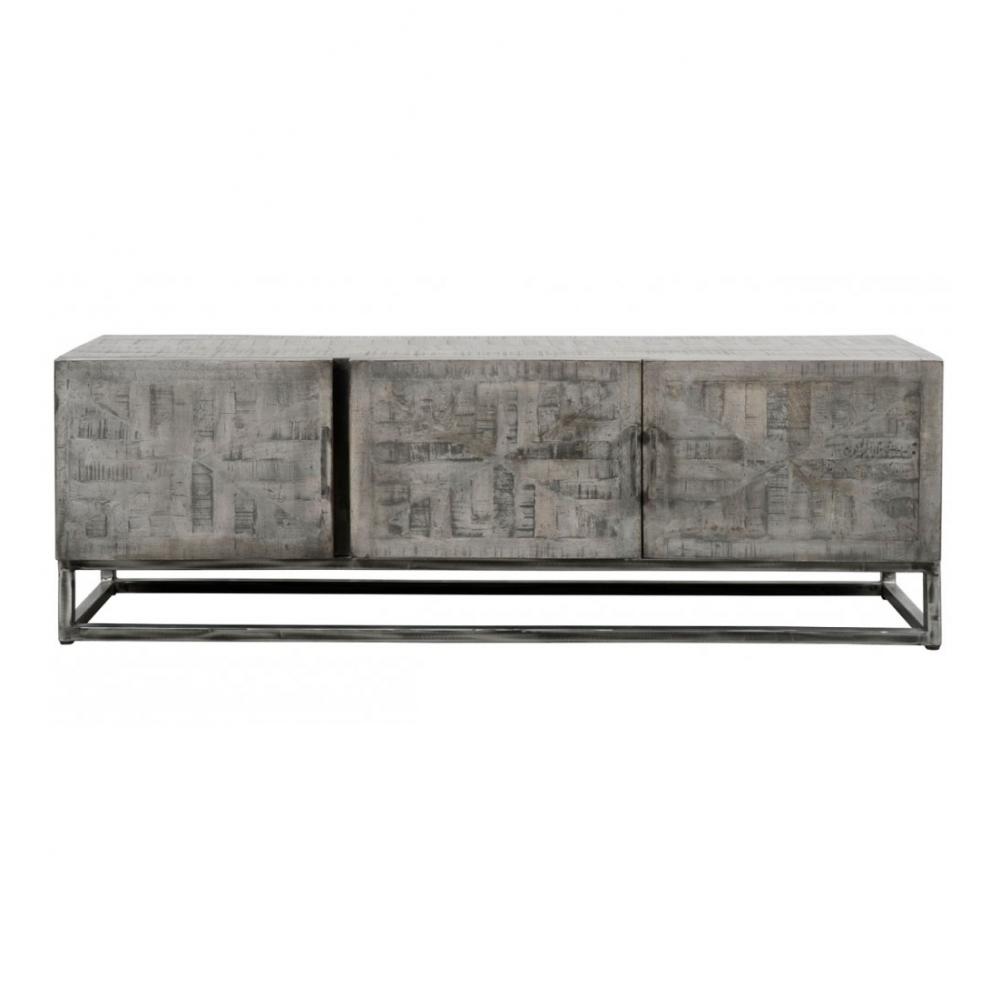 Meuble tv GRADO bois de manguier gris 3 portes